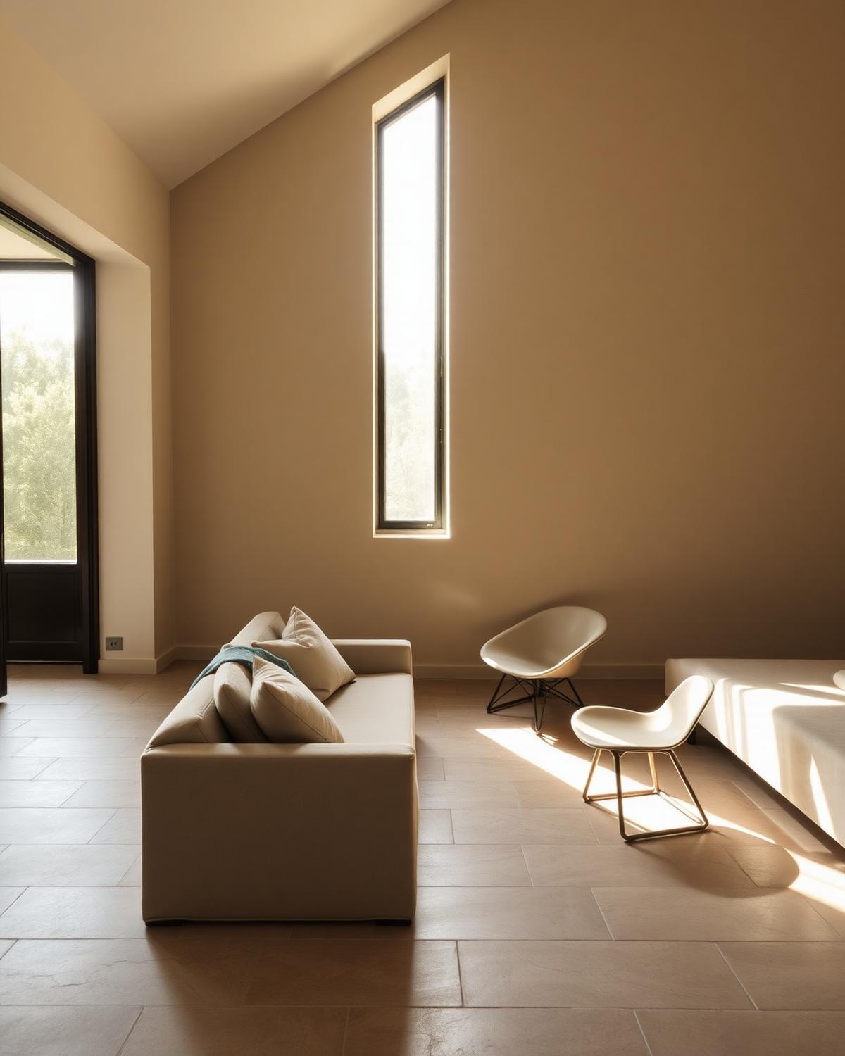 Living room with tall window and morning light