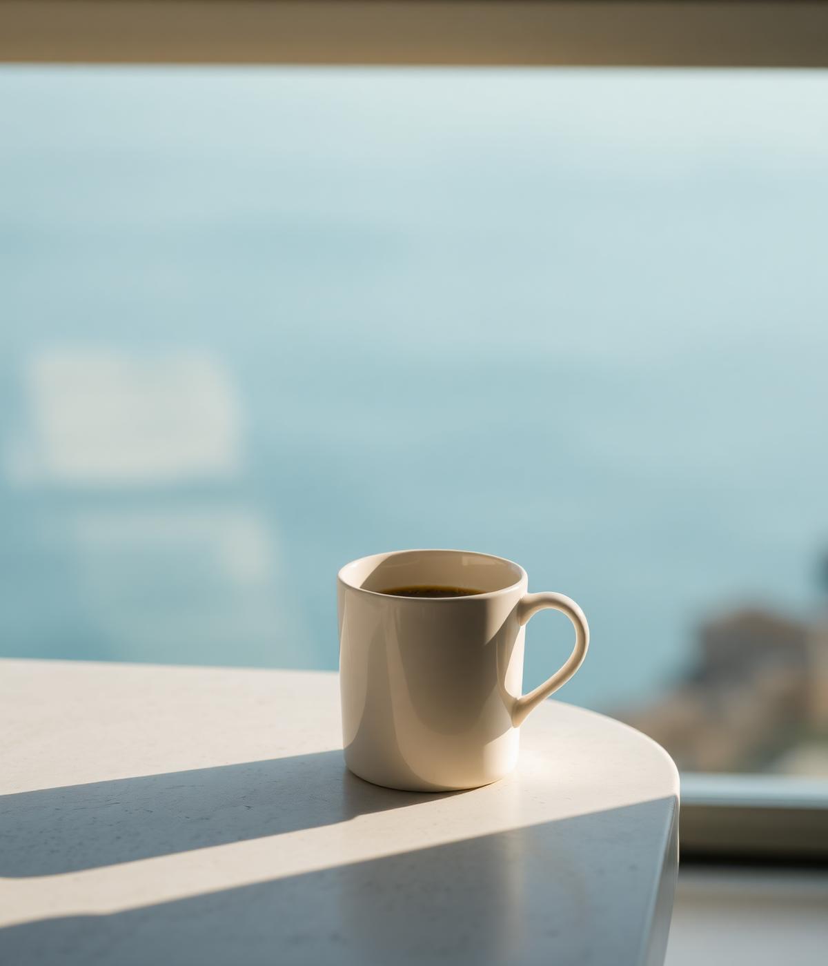 A ceramic cup of coffee on limestone with the Atlantic beyond.