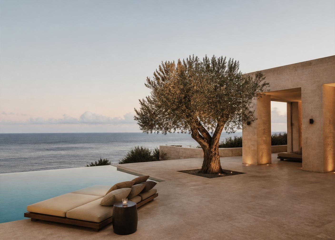 Villa Sobreiro — The highest of the three residences, set into a plateau of native olive. Long southern exposure and an unbroken 180° horizon.